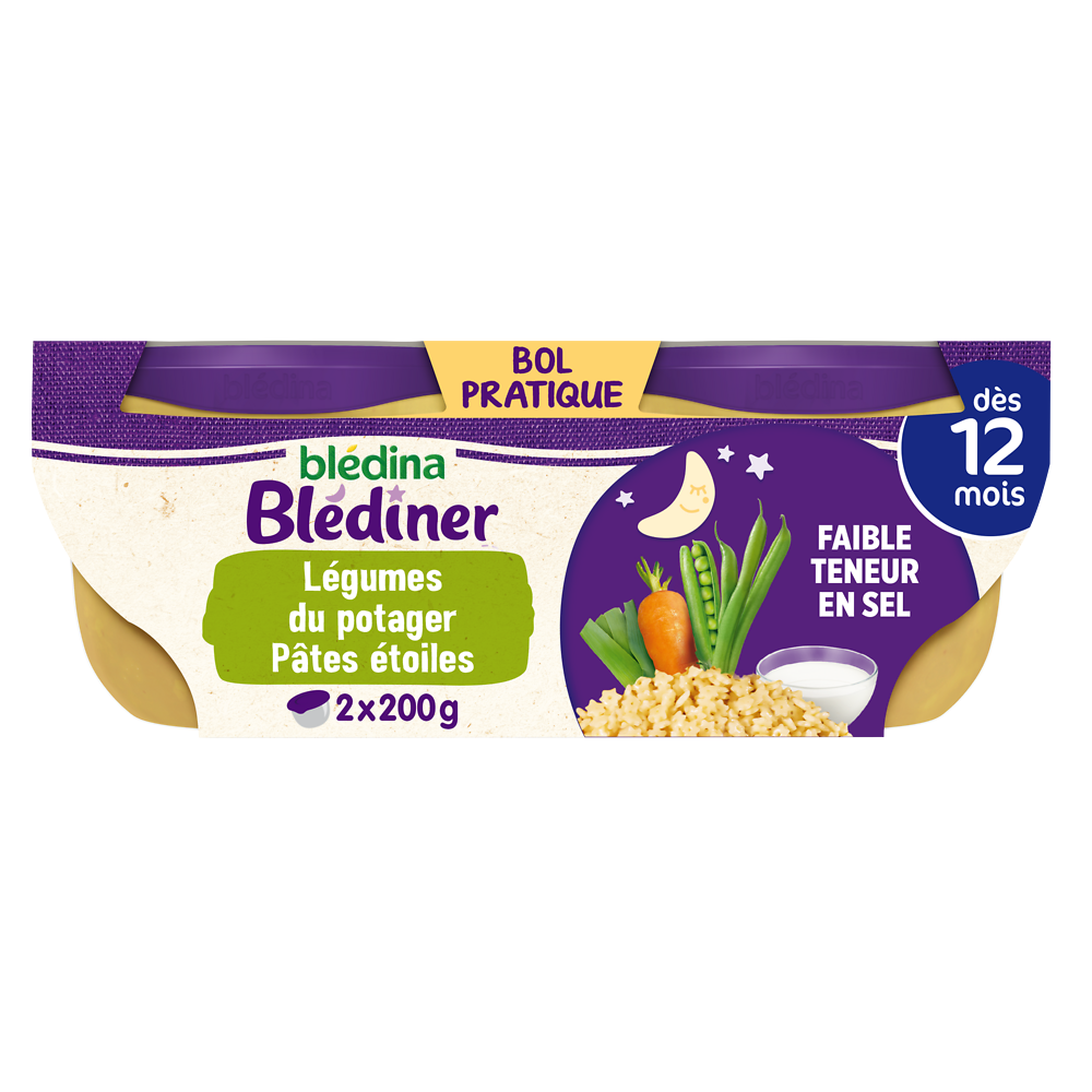 Plats bébé soir légumes du potager pâtes dès 12 mois BLEDINER BLEDINA2x200g