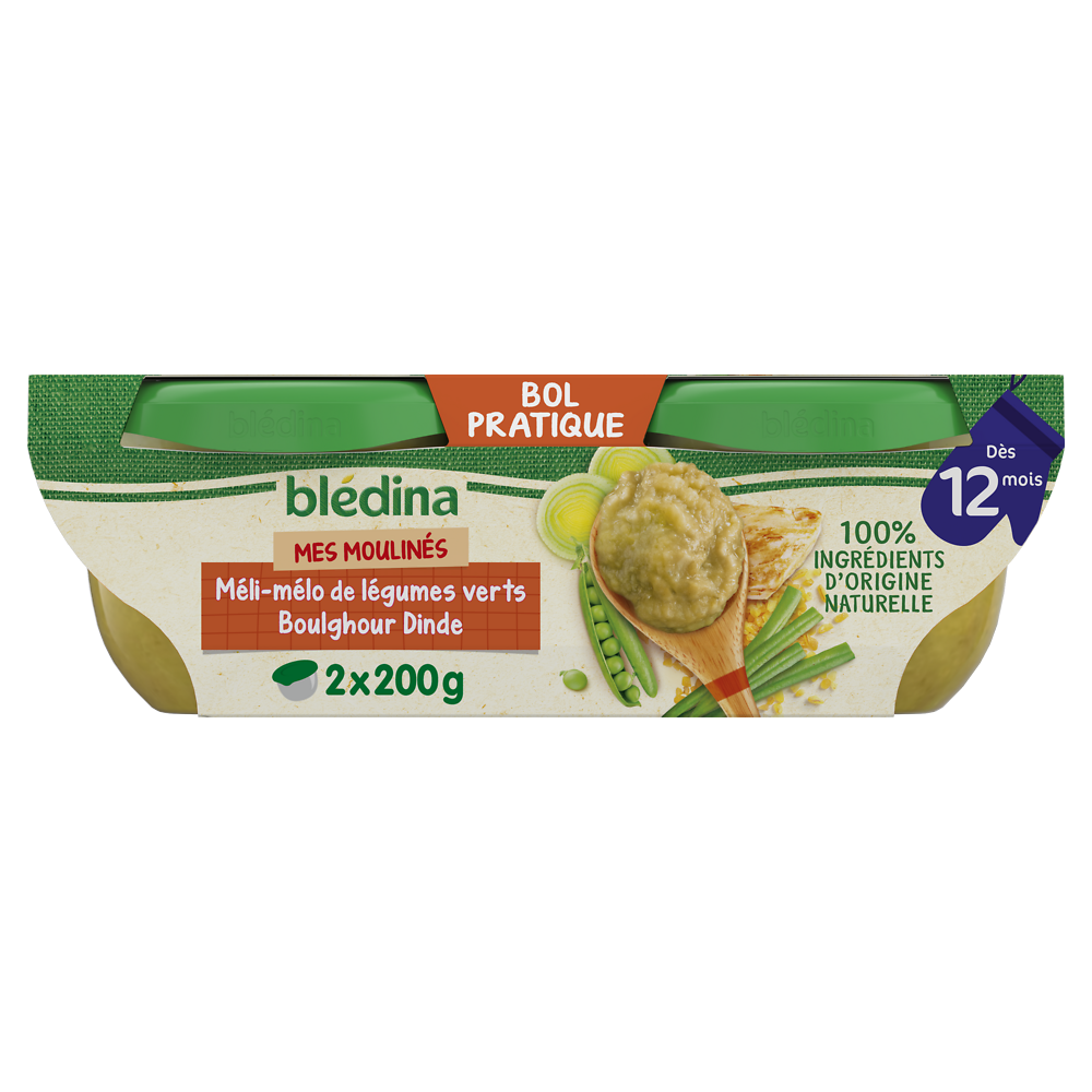 Plats bébé légumes verts boulghour dinde dès 12 mois BLEDINA 2x200g