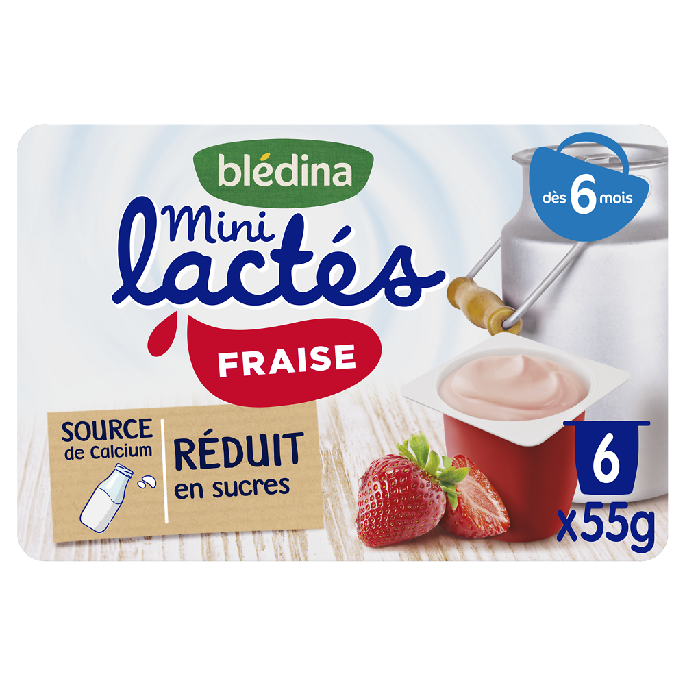 Mini lactés fraise BLEDINA, de 6 à 36 mois, 6 pots de 55g