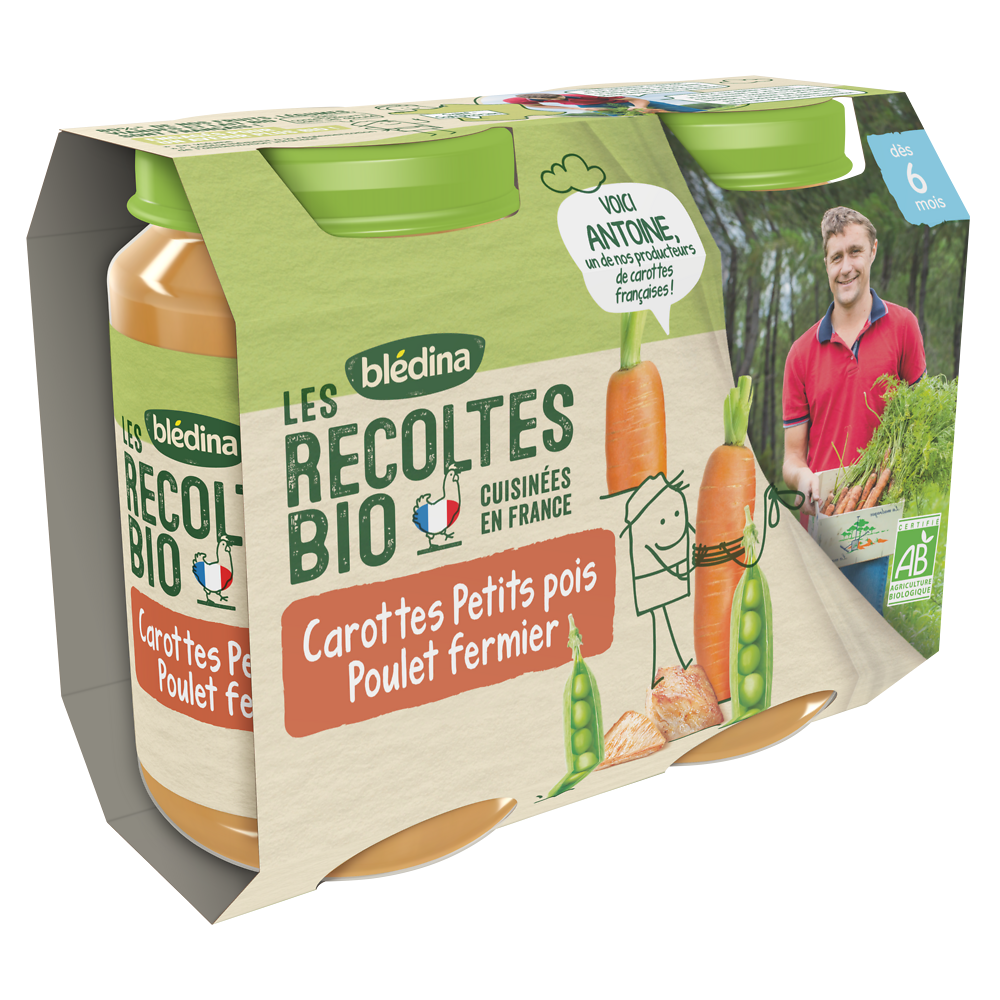 Petits pots bébé bio carottes petits pois poulet dès 6 mois LES RECOLTES BIO BLEDINA 2x200g