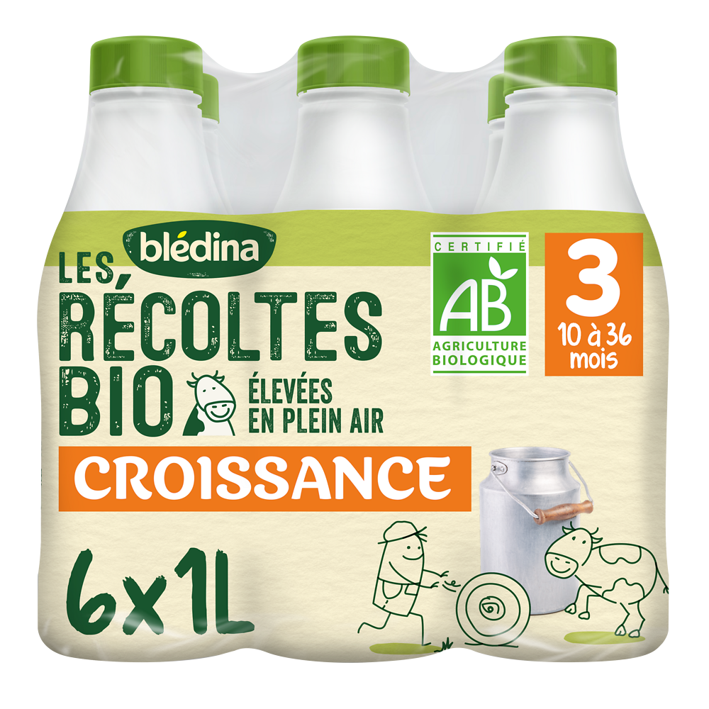 Lait de croissance bébé bio liquide 3ème âge de 1 à 3 ans LES RECOLTESBIO BLEDINA 6x1l