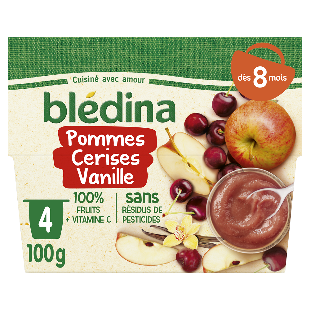 Purée de fruits bébé pommes cerises vanille dès 8 mois BLEDINA 4x100g