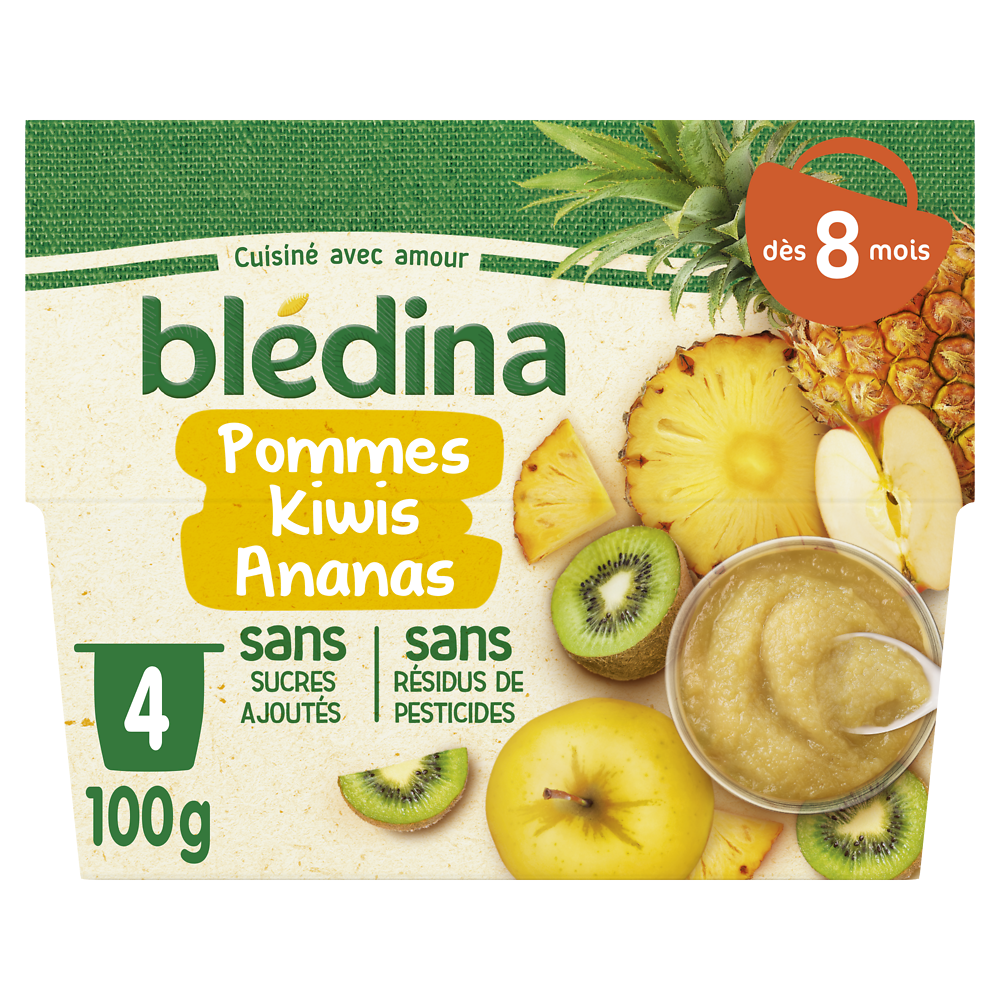 Purée de fruits bébé pommes kiwi ananas dès 8 mois BLEDINA 4x100g