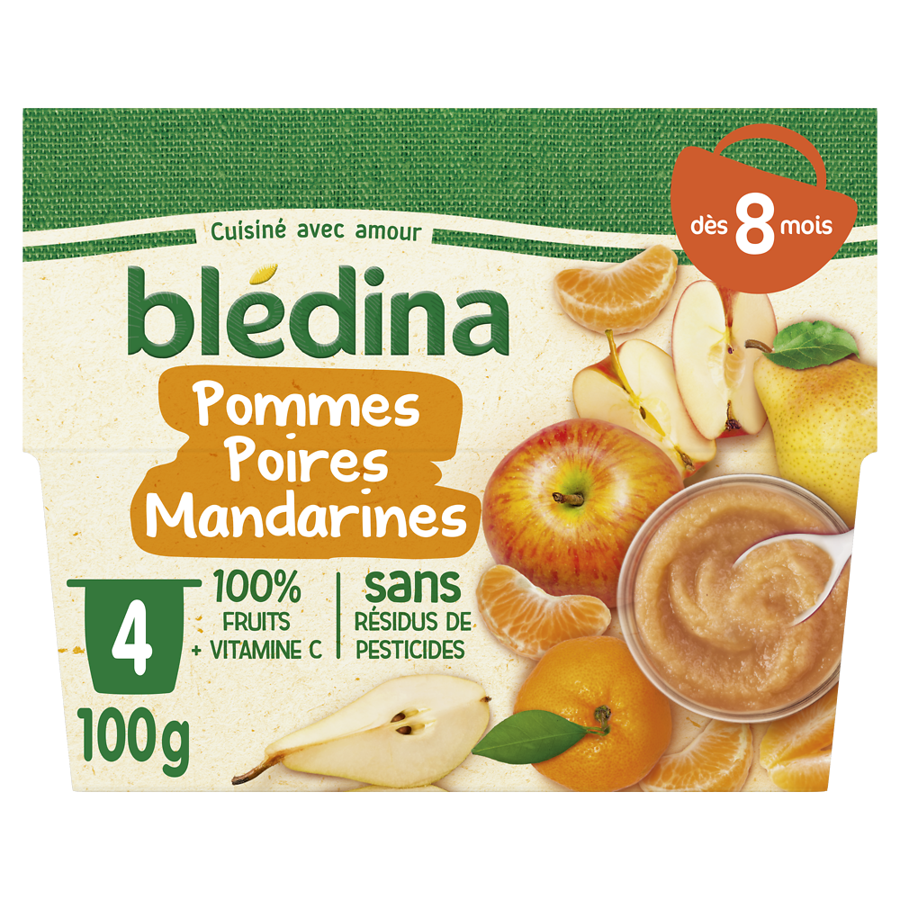 Purée de fruits bébé pommes poires mandarines dès 8 mois BLEDINA 4x100g