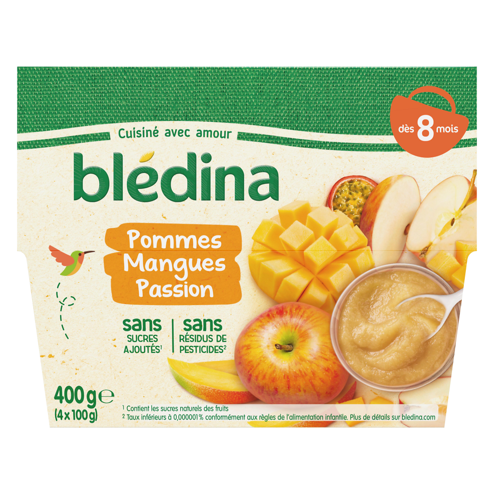 Purée de fruits bébé pommes mangue passion dès 8 mois BLEDINA 4x100g