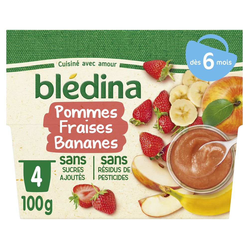 Purée de fruits bébé pommes fraises bananes dès 6 mois BLEDINA 4x100g