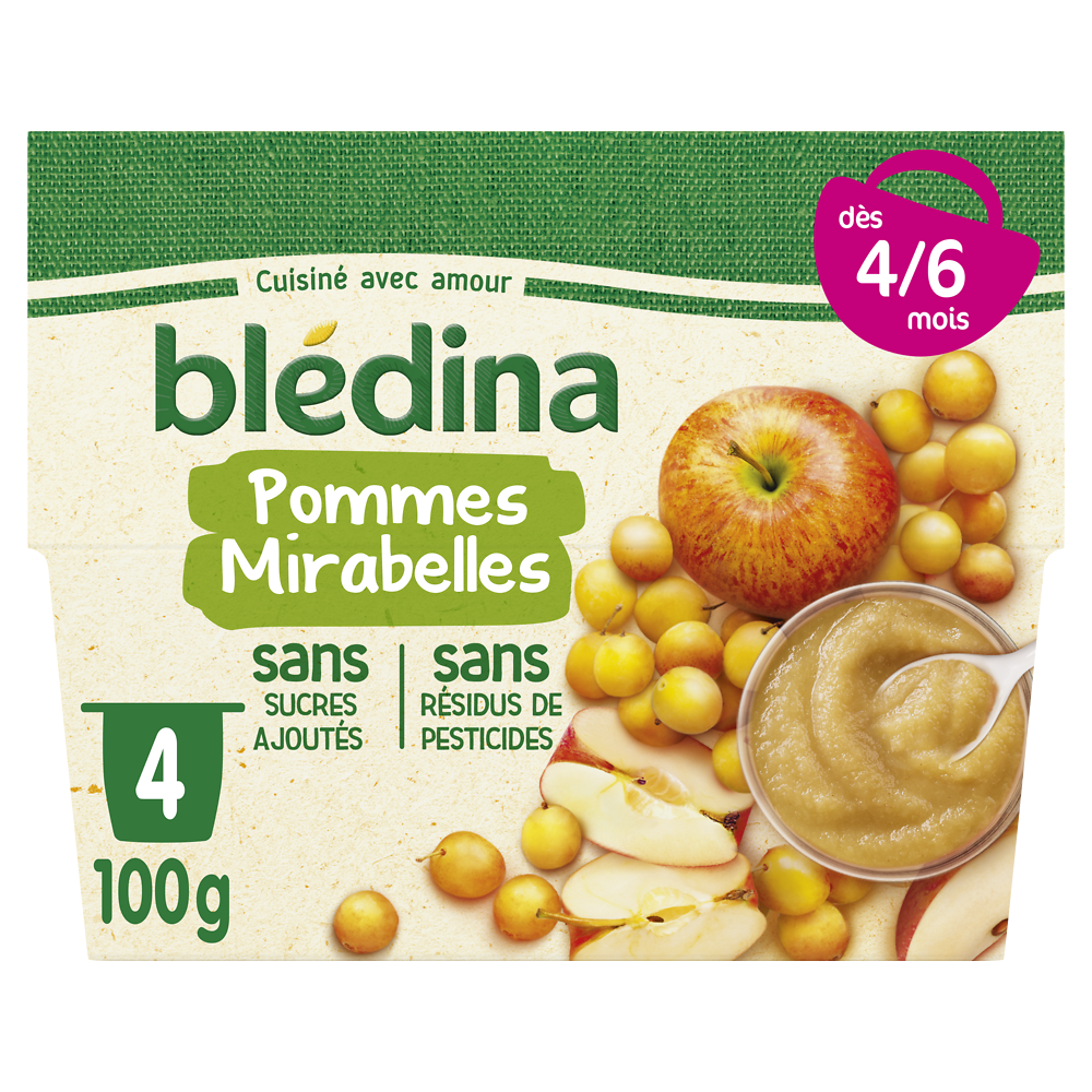 Purée de fruits bébé pommes mirabelles dès 8 mois BLEDINA 4x100g