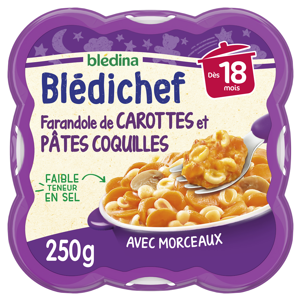 Plat bébé Assiette farandole de carottes/coquillettes BLEDICHEF, dès 18 mois, 250g