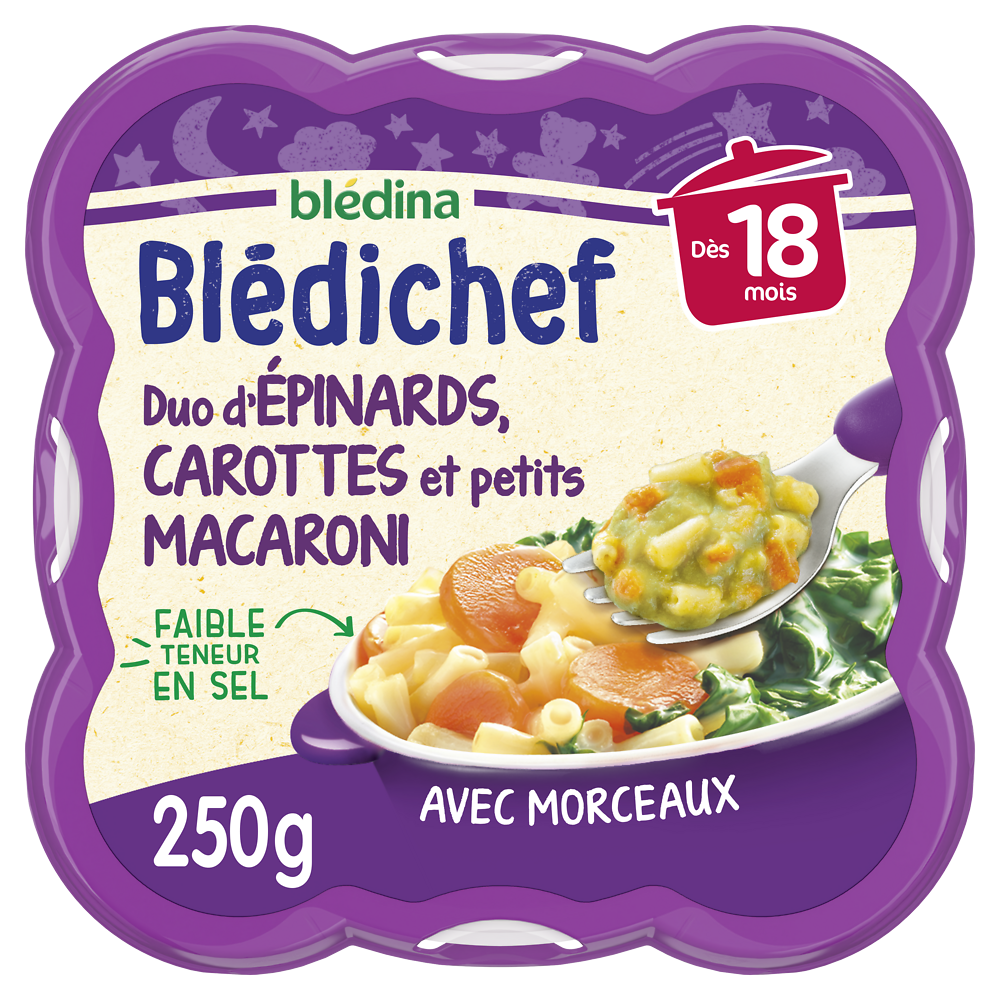 Plat bébé duo d'épinard carottes ptits macaroni dès 18 mois BLEDICHEFBLEDINA - 250g