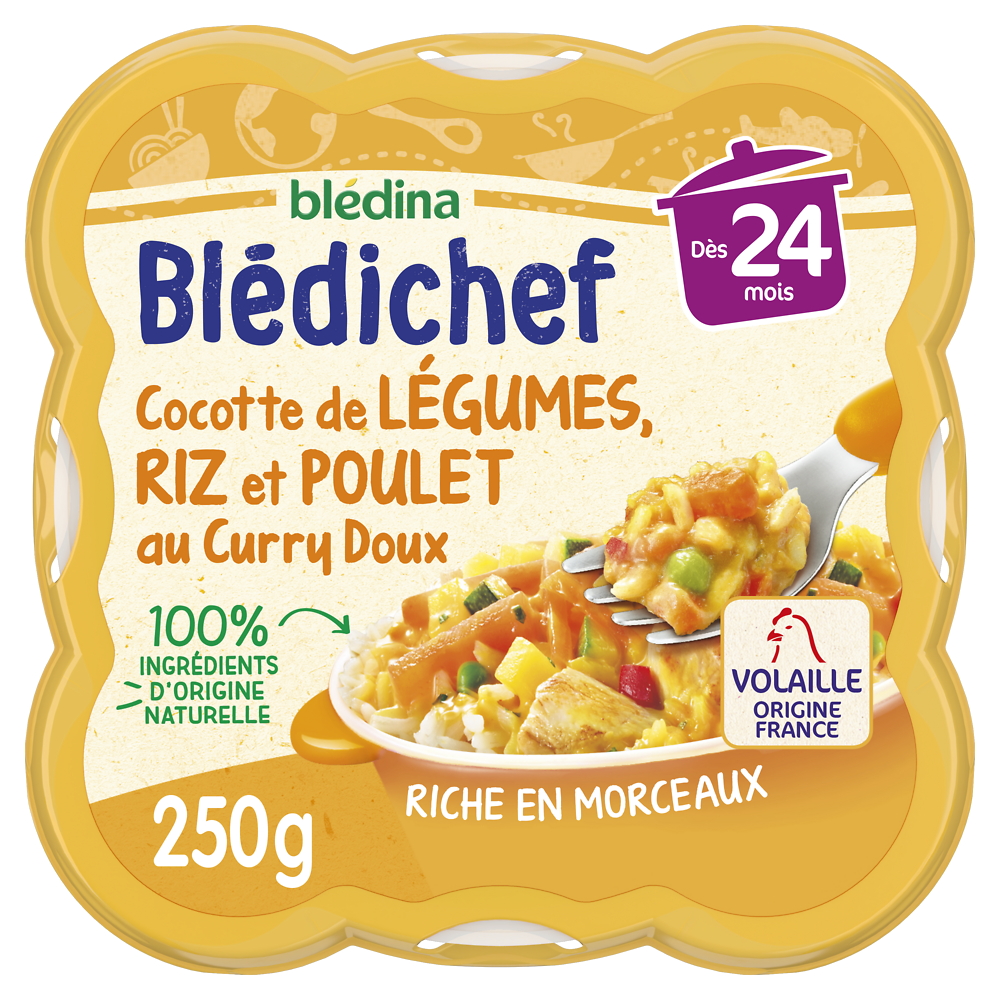 Plat bébé légumes riz et poulet au curry dès 24 mois BLEDICHEF BLEDINA250g