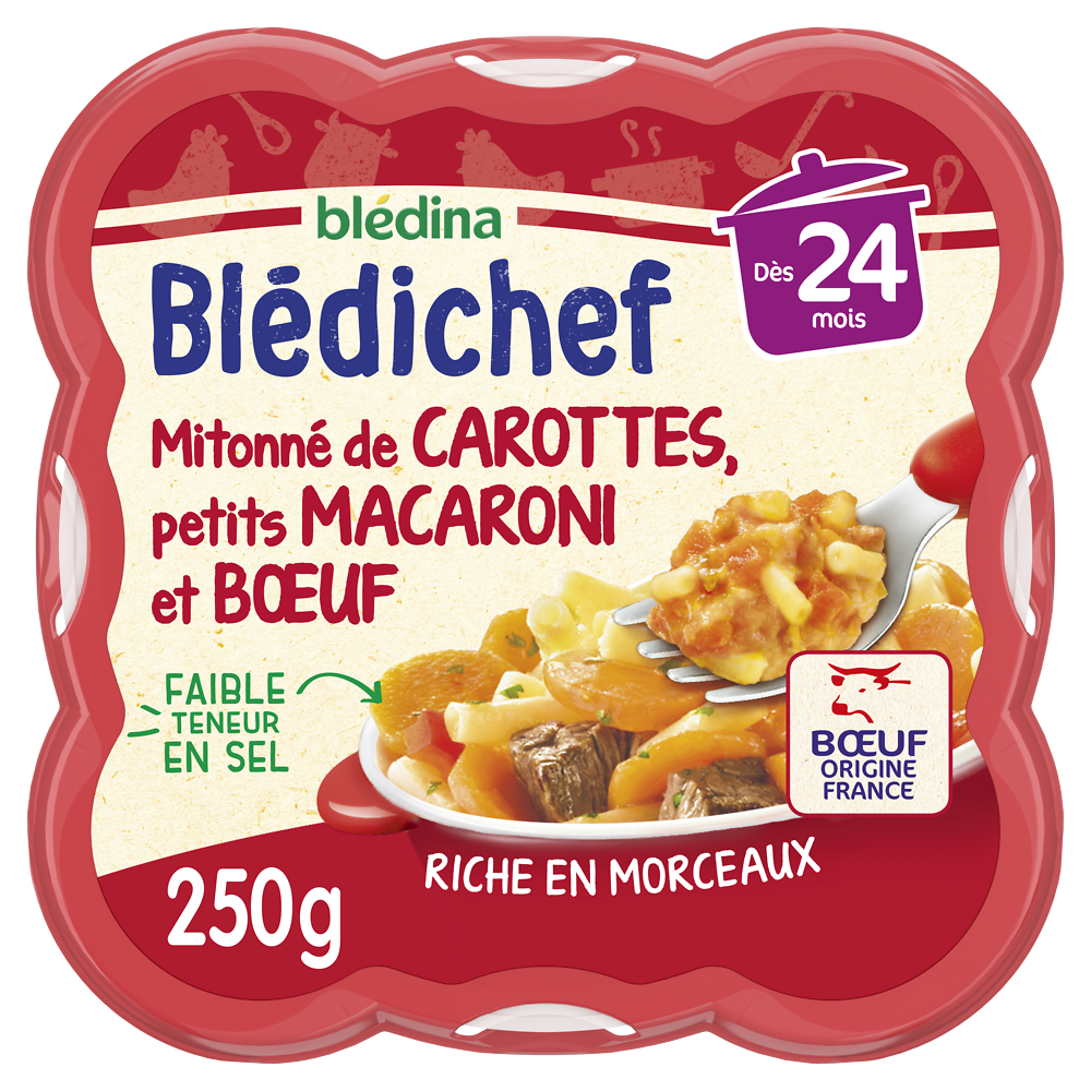 Plat bébé carottes et macaroni au boeuf dès 24 mois BLEDICHEF BLEDINA250g