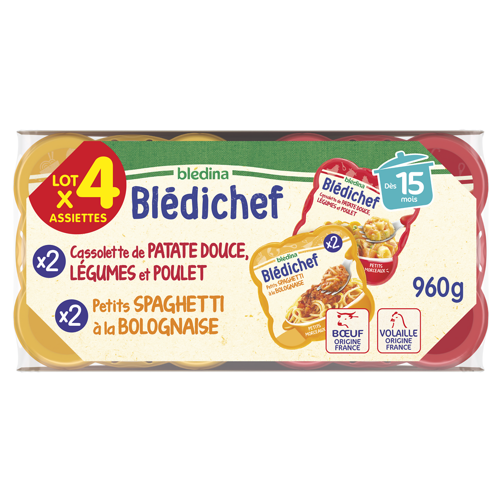 Plats bébé patate douce légumes poulet - spaghetti bolognaise dès 15 mois BLEDICHEF BLEDINA 2x230g + 2x250g