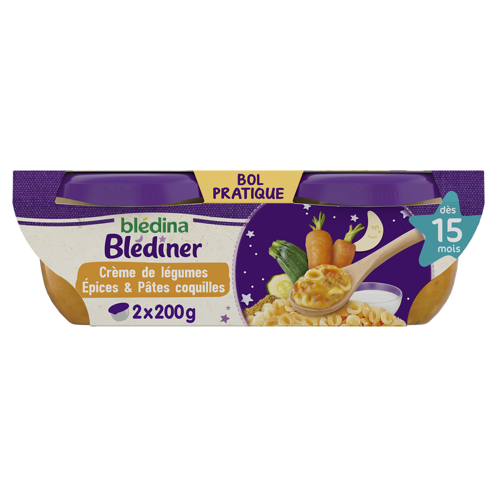 Plats bébé soir crème de légumes aux épices pâtes dès 15 mois BLEDINERBLEDINA 2x200g