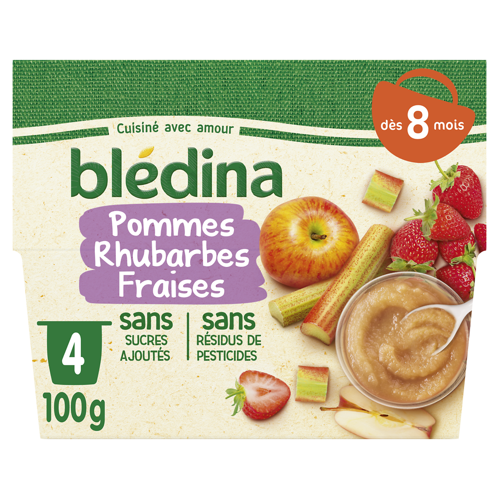 Purée de fruits bébé pommes rhubarbes fraises dès 8 mois BLEDINA 4x100g