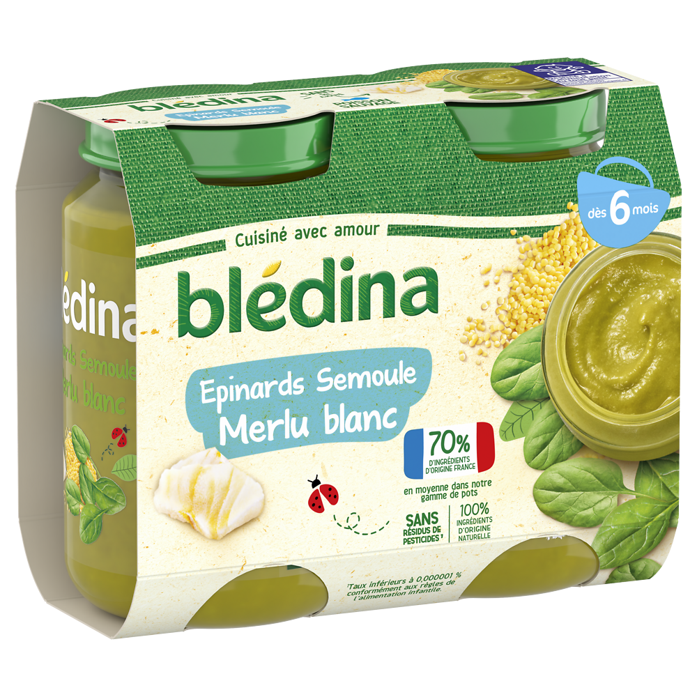 Petits pots bébé épinards semoule merlu blanc dès 6 mois BLEDINA 2x200g