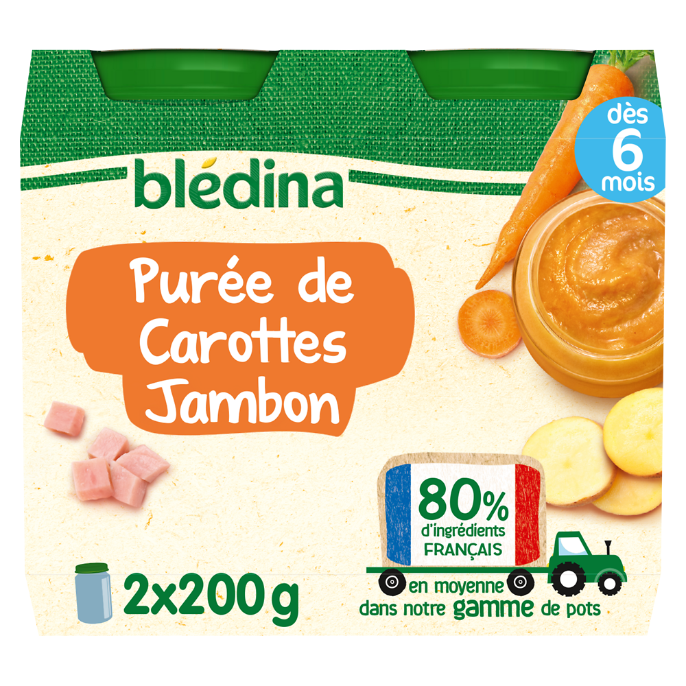 Petits pots bébé purée carottes jambon dès 6 mois BLEDINA 2x200g