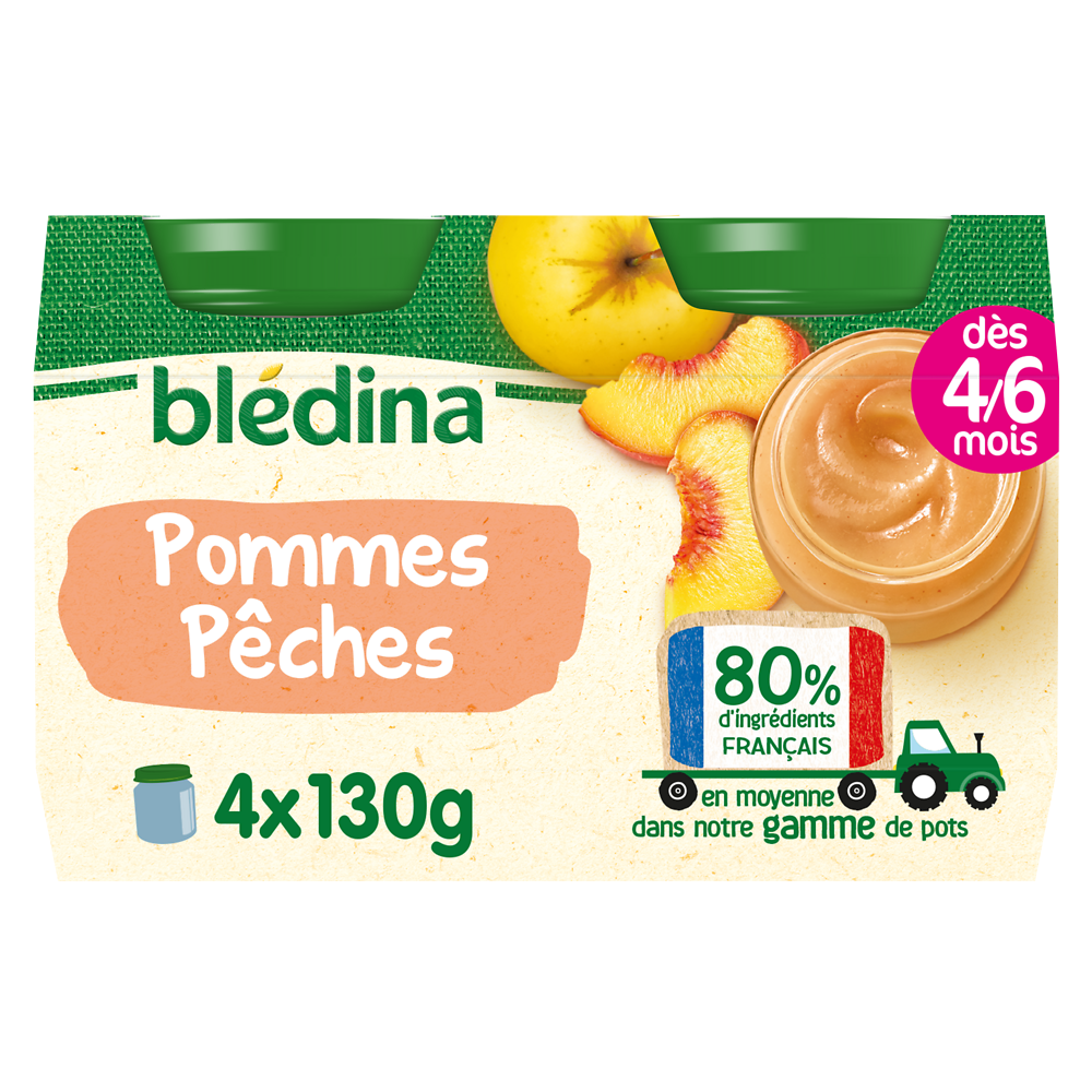 Petits pots bébé aux fruits pommes pêches jaunes dès 4 mois BLEDINA 4x130g