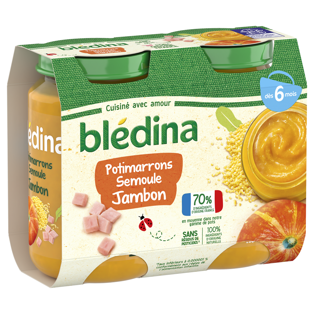 Petits pots bébé potimarrons semoule jambon dès 6 mois BLEDINA 2x200g