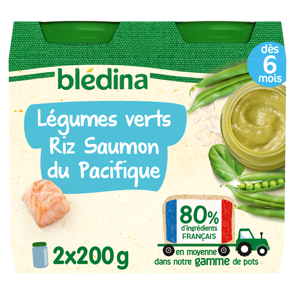 Petits pots bébé légumes vert riz et saumon dès 6 mois BLEDINA 2x200g