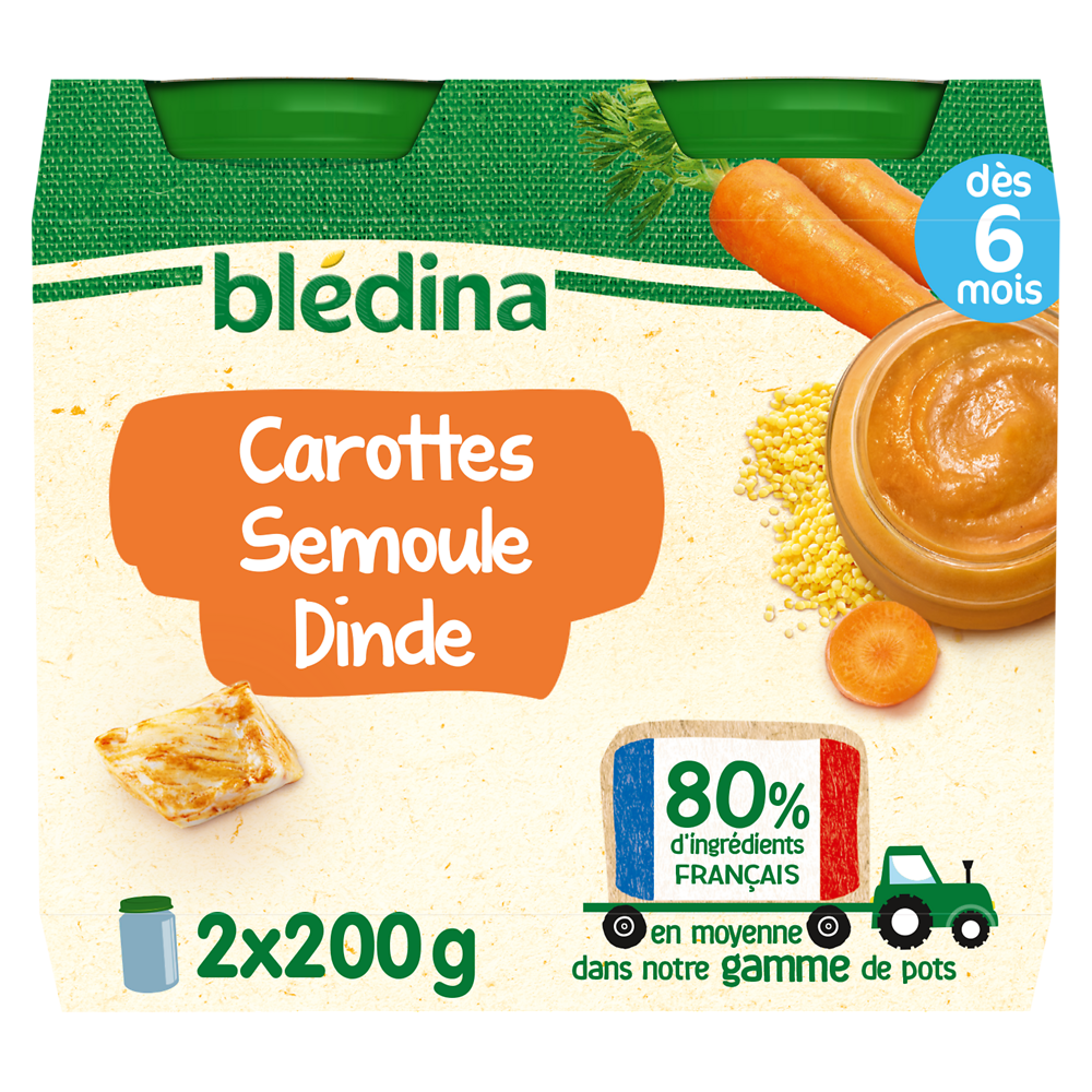 Petits pots bébé carottes semoule dinde dès 6 mois BLEDINA 2x200g