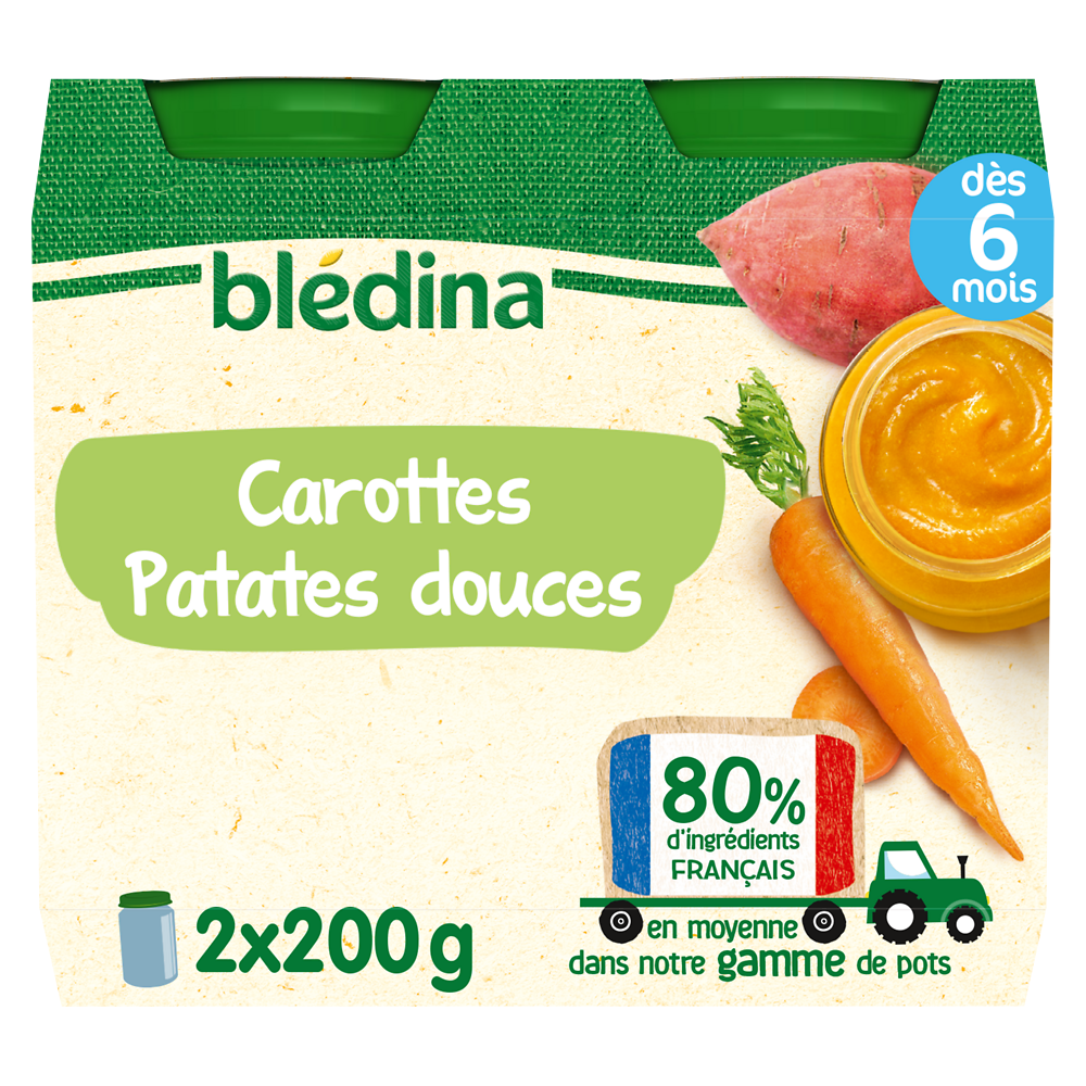 Petits pots bébé purée carottes patates douces dès 6 mois BLEDINA 2x200g