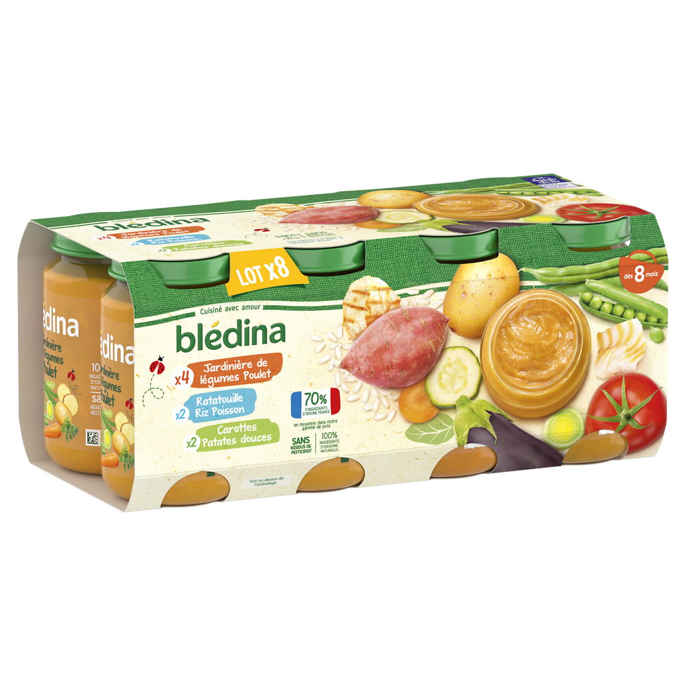 Jardinière de Légumes Poulet x4/Ratatouille Riz Colin x2 Carotte patate douce x2 dès 8 mois BLEDINA 8x200g