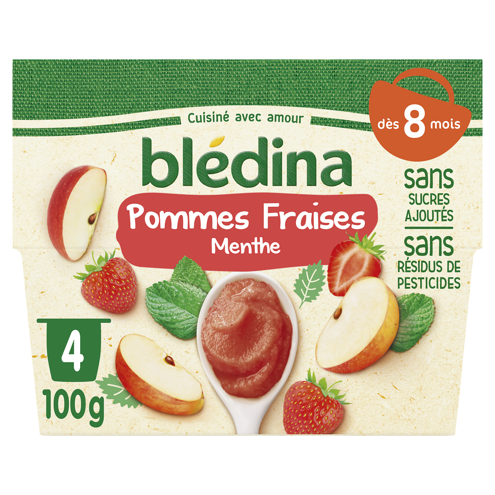 Purée de fruits bébé pommes fraises menthe dès 8 mois BLEDINA 4x100g