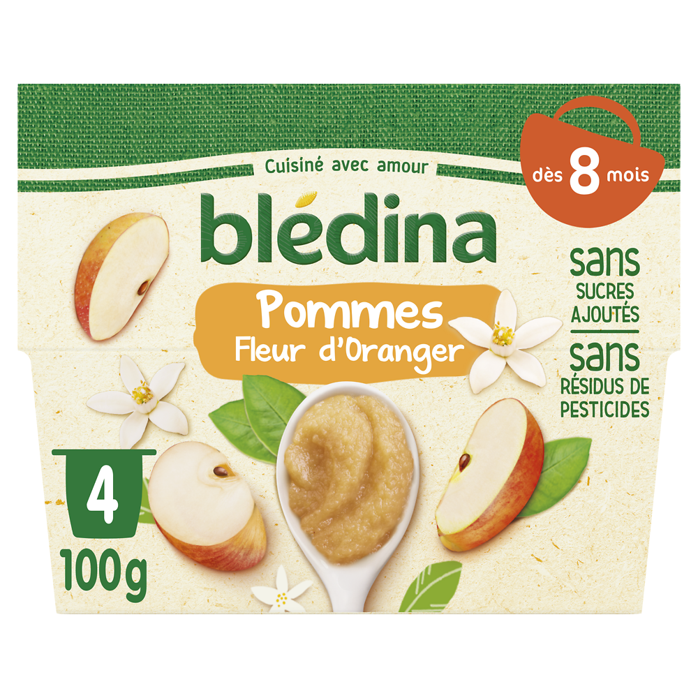 Purée de fruits bébé pommes fleur d'orangé dès 8 mois BLEDINA 4x100g