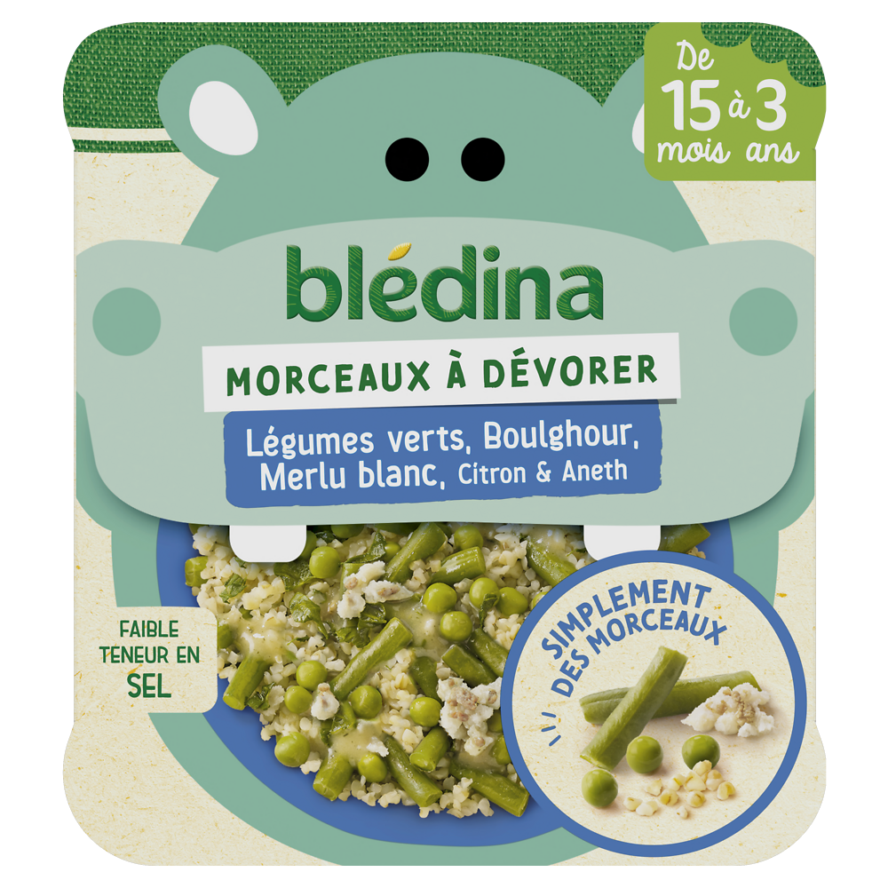 Plat bébé morceaux légumes verts boulghour merlu citron dès 15 mois BLEDINA 200g