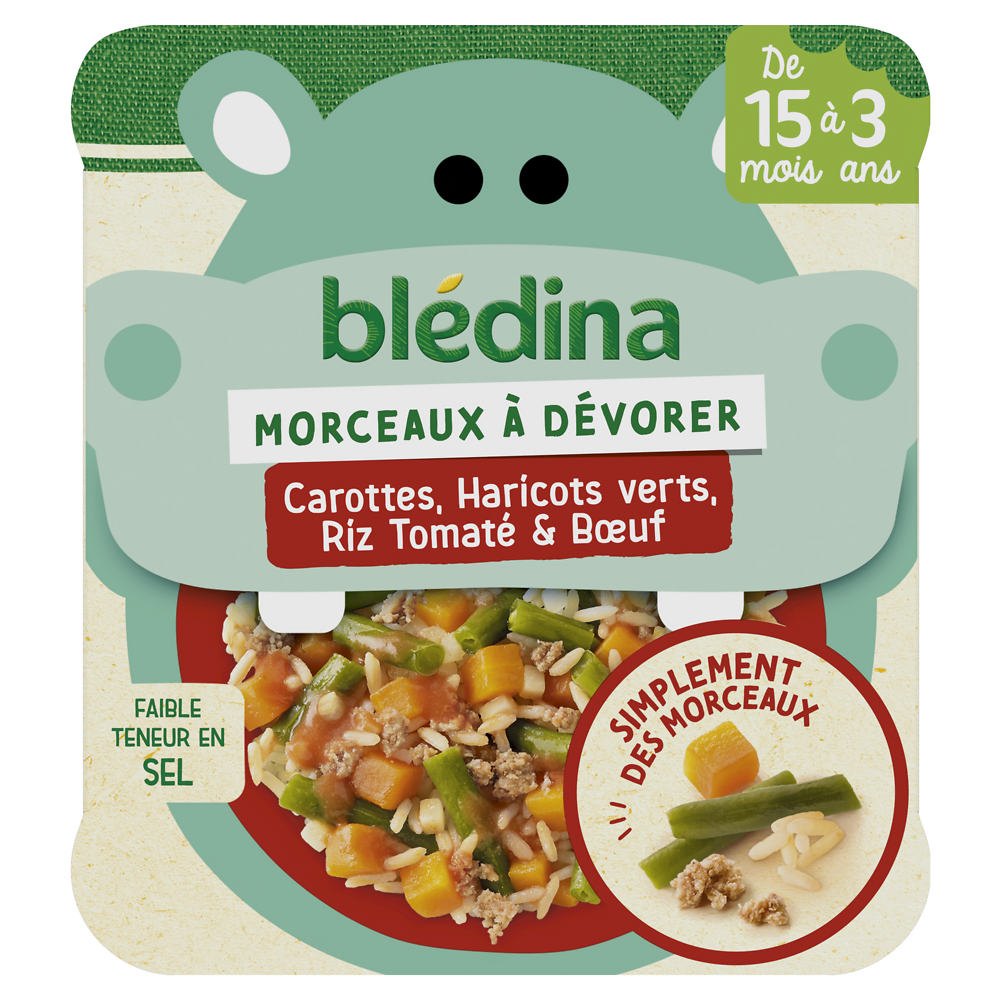 Plat bébé morceaux Carottes haricots verts riz tomaté Boeuf dès 15 mois BLEDINA 200g