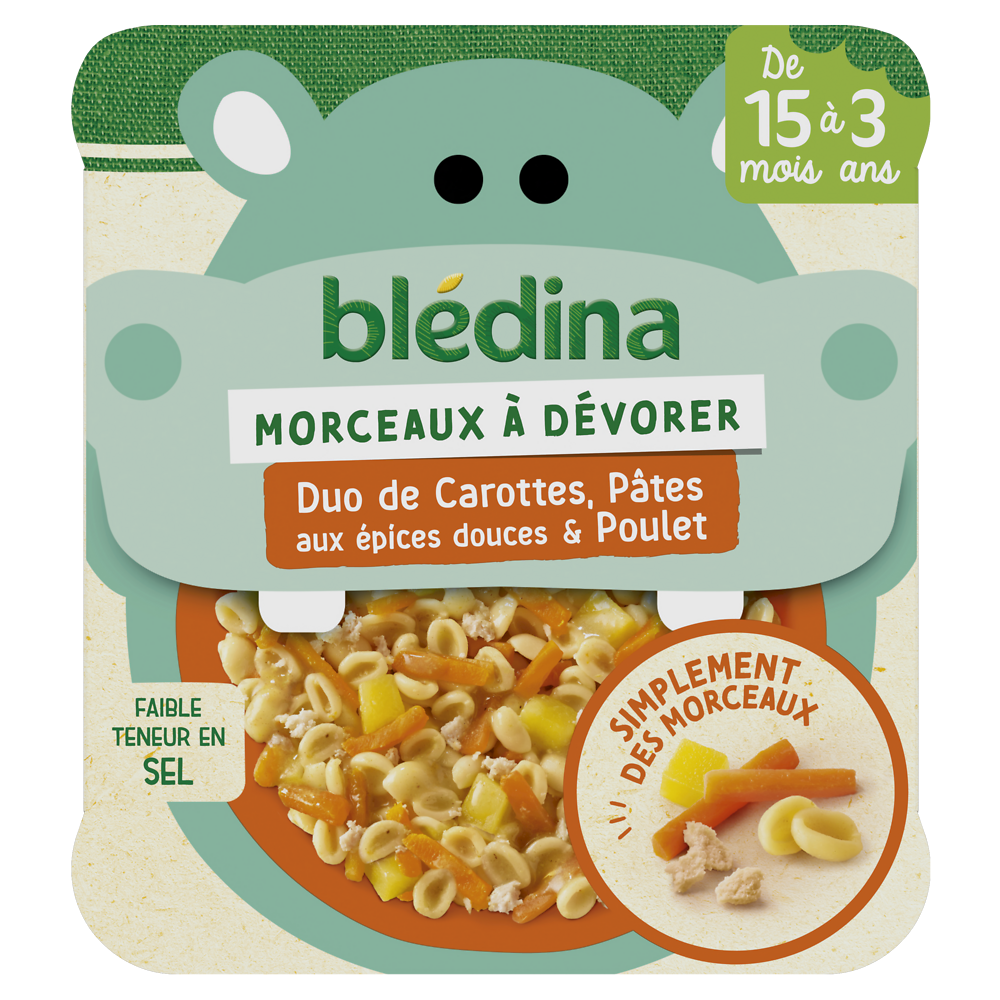 Plat bébé morceaux carottes pâtes aux épices douces poulet dès 15 moisBLEDINA 200g