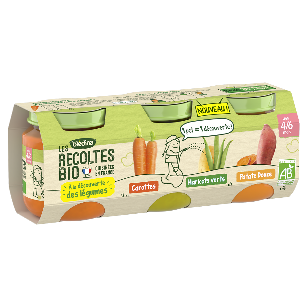 Petits pots bébé bio carotte haricots vert patate douce dès 4-6 mois LES RECOLTES BIO BLEDINA 3x130g