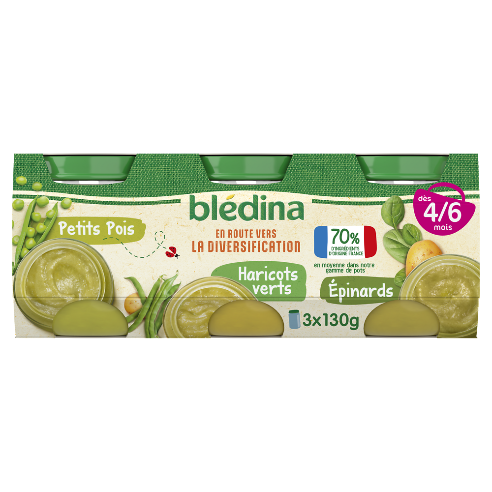 Petits pots bébé Purée de légumes petits pois/haricots verts/épinardsdès4/6 mois BLEDINA 3x130g