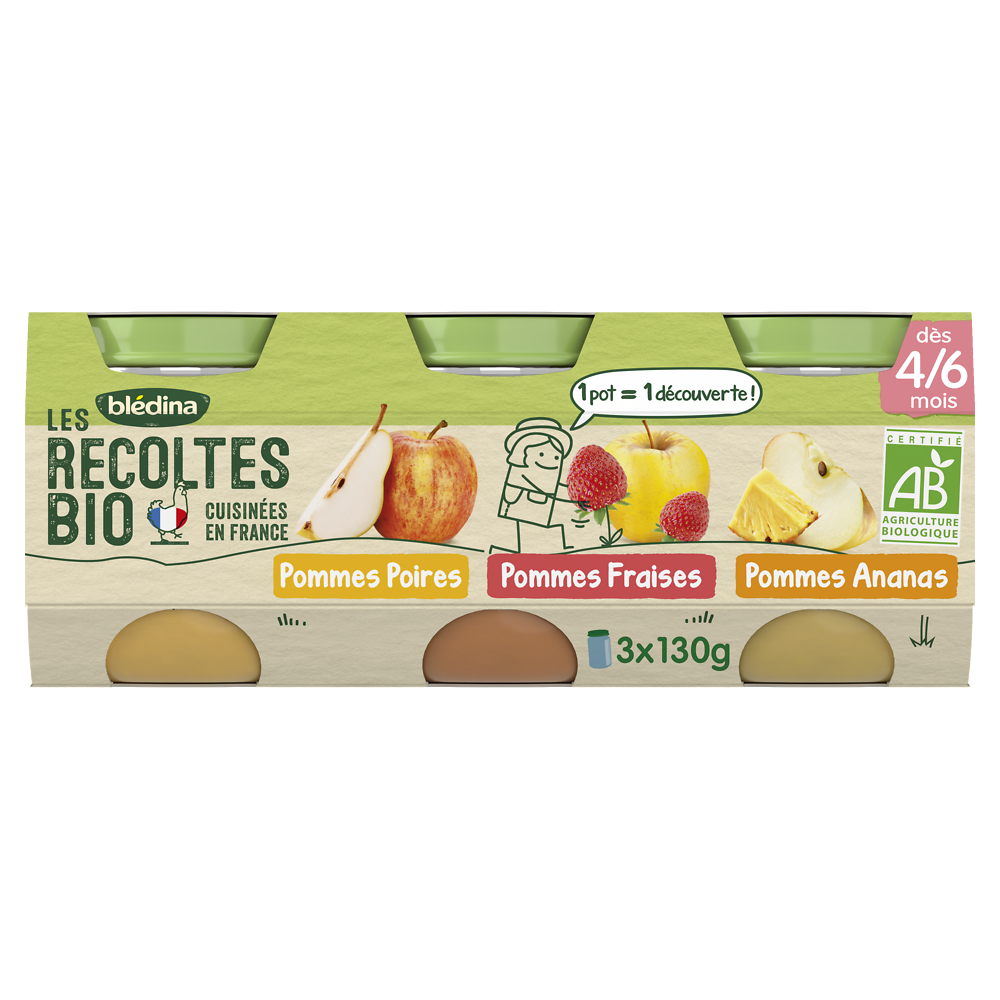 Les récoltes bio Pommes Poires/Pommes Fraises 4/6 mois BLEDINA 3x130g