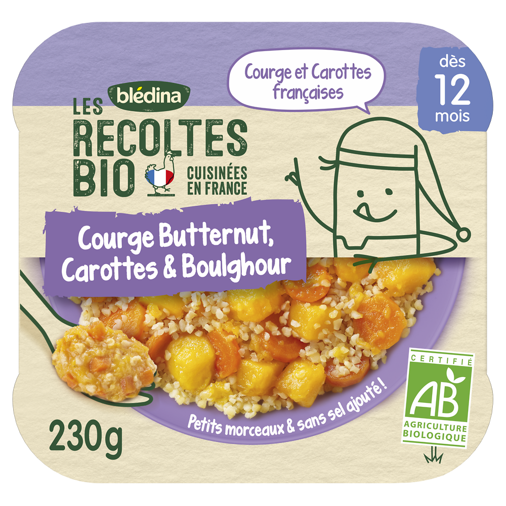 Les Récoltes courge butternut, carottes et Boulgour bio dès 12 mois BLDINA 230g