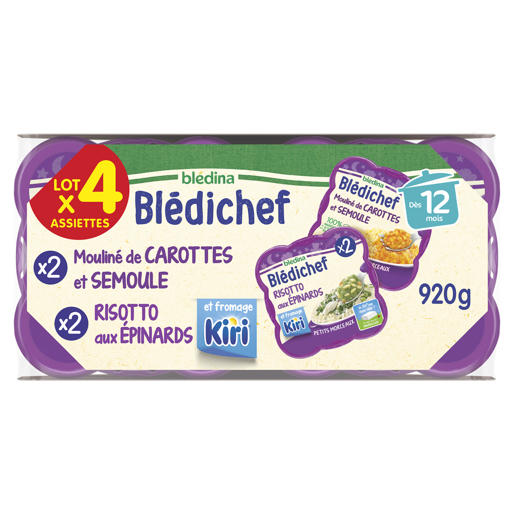 Risotto aux épinards et kiri x2/mouliné de carottes et semoule dés 12mois blédichef x2 BLEDINA 4x230g