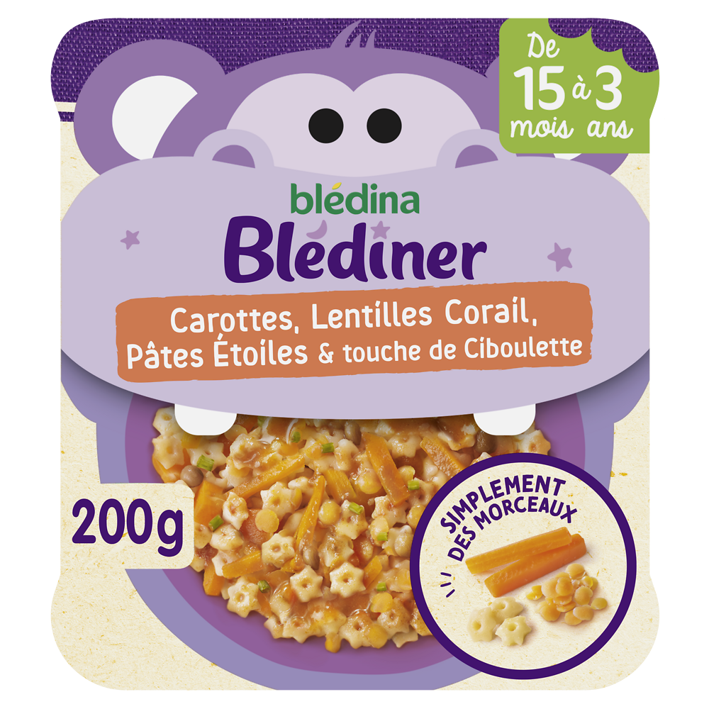 Petit Plat Morceaux à dévorer Carottes, Lentilles Corail pâtes étoiles& touche de ciboulette de 15 mois à 3 ans blédiner BLEDINA 200g