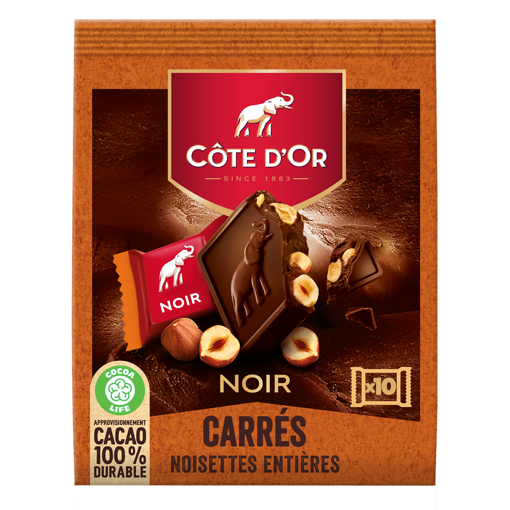 Chocolat noir noisettes entières COTE D'OR - 1 paquet de 10 carrés de200g