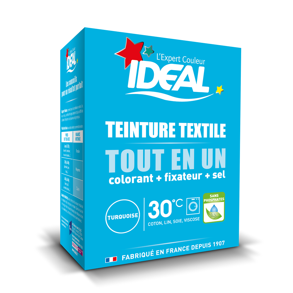 Teinture textile tout en 1 mini turquoise IDEAL, paquet de 230g