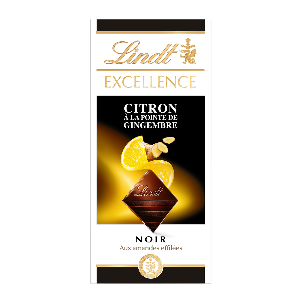 Chocolat noir amandes/citron/gingembre LINDT, Tablette de 100g