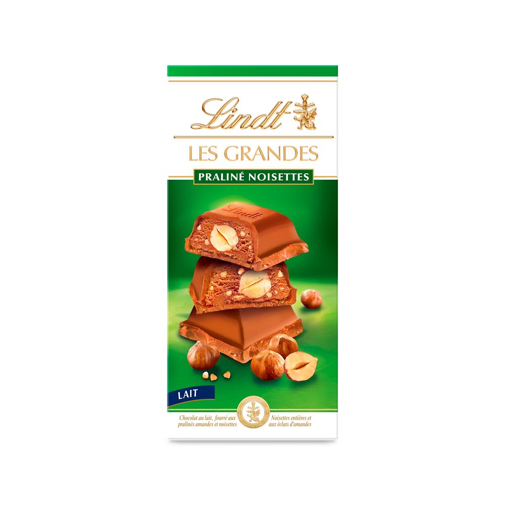 Chocolat au lait les grandes pralines noisettes LINDT, Tablette de 225g