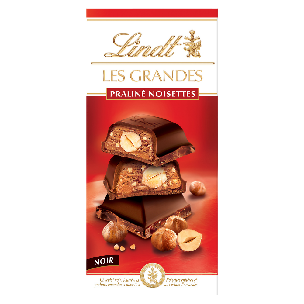 Chocolat noir fourré aux praliné amandes, noisettes entières, et aux éclats d'amandes LINDT, 225g