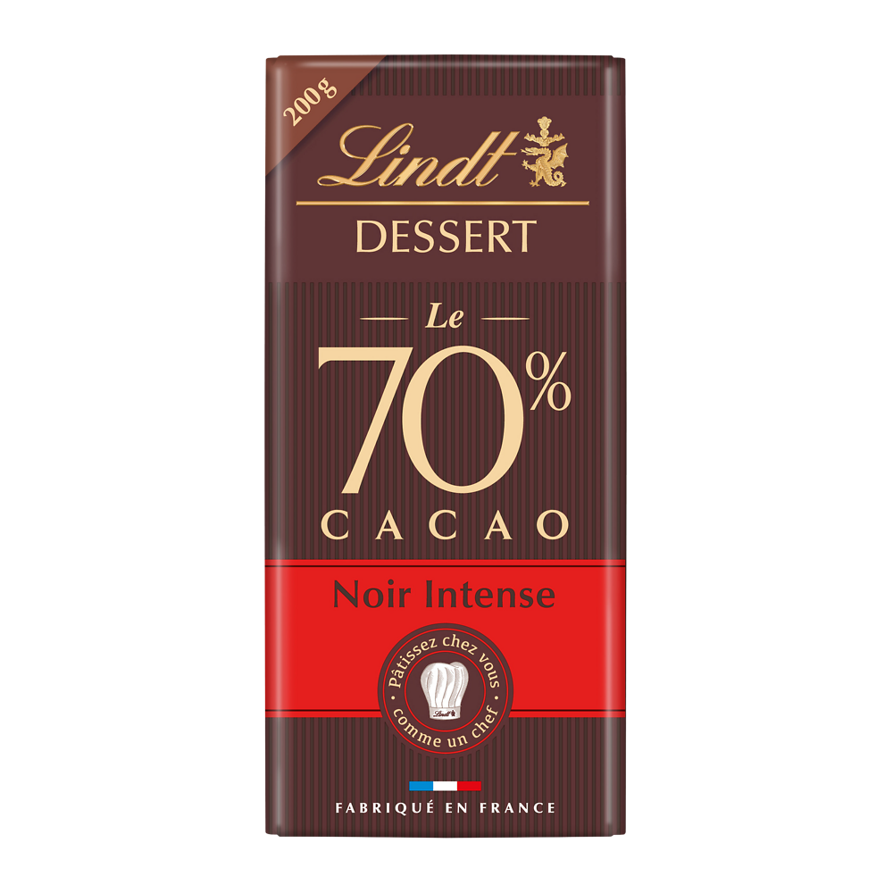 Chocolat noir intense 70% cacao à patisser LINDT DESSERT, Tablette de200g