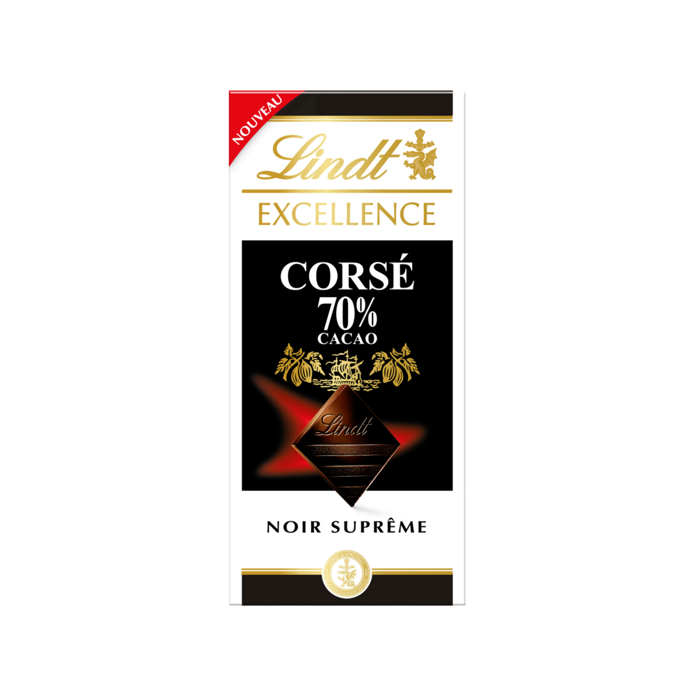 Chocolat noir corsé 70% cacao EXCELLENCE LINDT, Tablette de 100g