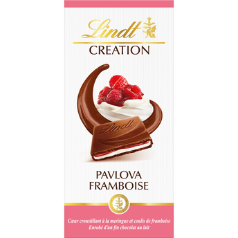 Chocolat au lait extra-fin traditionnel, fourré d'un coeur lacté à lameringue croustillante et d'un coulis à la framboise création pavlova framboise LINDT 150g