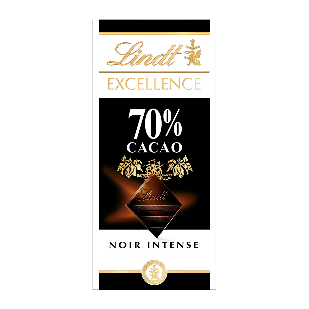 Chocolat noir 70% cacao Excellence LINDT, Tablette de 100g