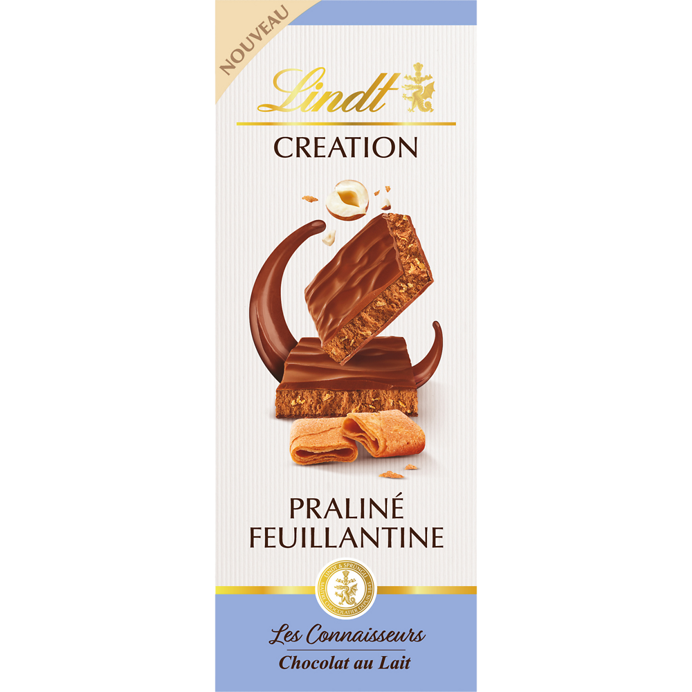 Chocolat au lait extra-fin fourré praliné noisettes et éclats de crêpedentelle CREATION LINDT, Tablette de 110g