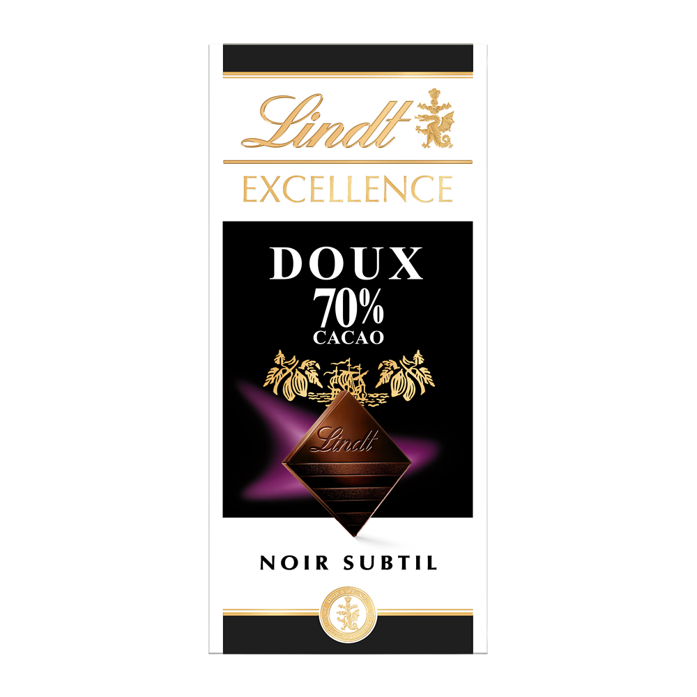 Chocolat noir doux 70% Excellence LINDT, Tablette de 100g