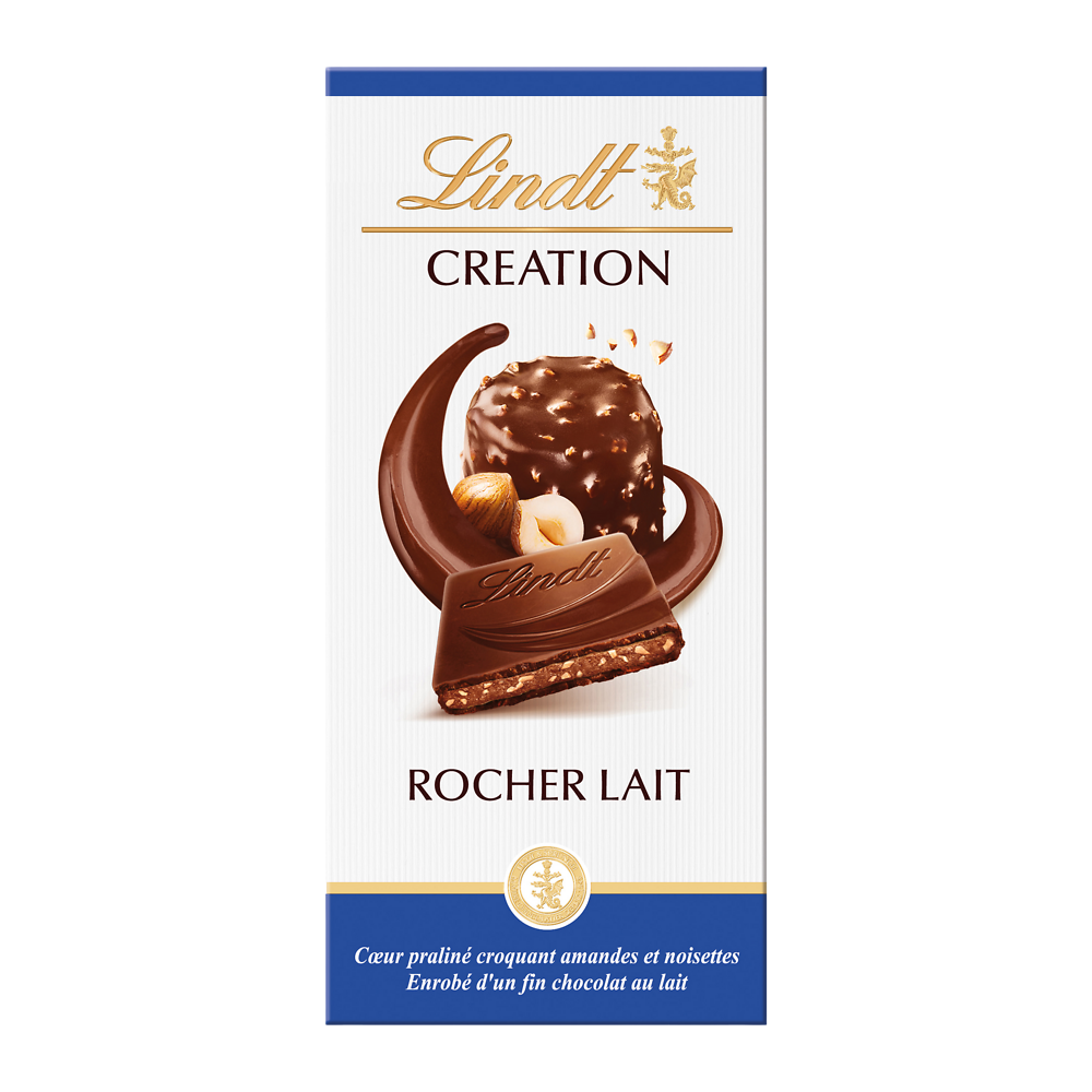 Chocolat au lait et pralinés rocher lait Création l'authentique LINDT,Tablette de 150g