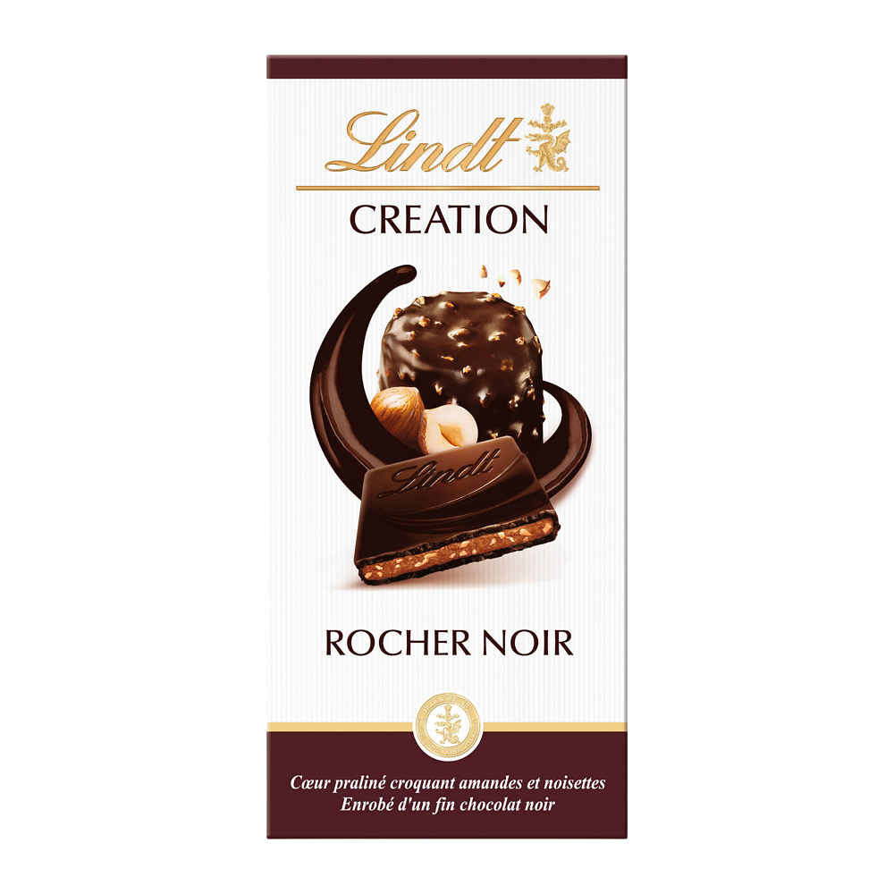 Chocolat noir avec pralinés rocher noir Création l'authentique LINDT,Tablette de 150g